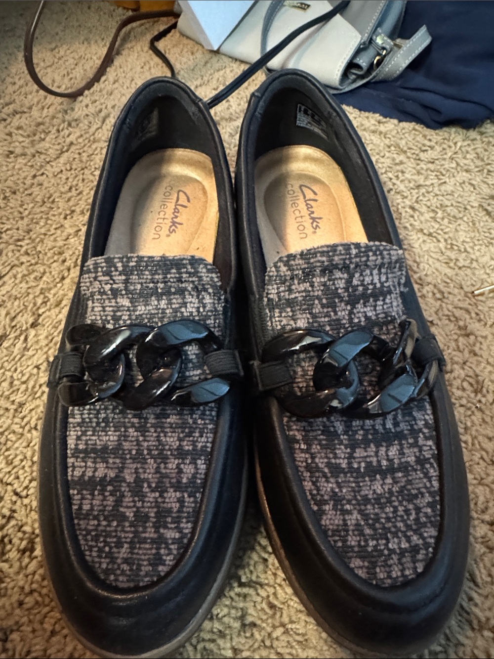Clarks Black and Gray women’s Chain-Trim Loafers